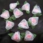 Organza Pink + Green Ribbon Roses - Fairy Craft - 25 pieces