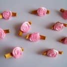 Small Pink + Fern Ribbon Roses - Fairy Craft - 50 pieces