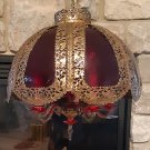 Vintage Caneurop Cranberry Glass Shade Brass Chandelier Hanging Electric Lamp