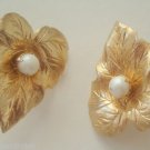 Vintage Sarah Cov  Golden Leaf Pearl Clip Earrings