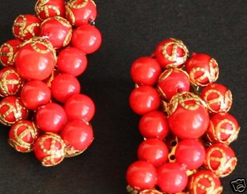 Vintage Designer Red Bead Clip On Earrings