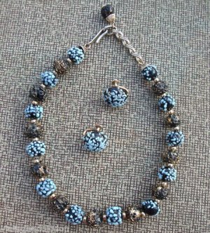Vintage Unique Black & Blue Glass Necklace Earrings Set