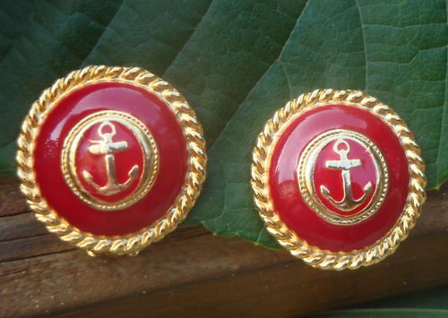 Vintage Red Enamel Anchor Clip Earrings 1980s