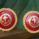 Vintage Red Enamel Anchor Clip Earrings 1980s