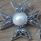 Vintage Signed JF Gray Pearl Maltese Cross Pin Brooch