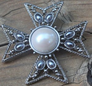 Vintage Signed JF Gray Pearl Maltese Cross Pin Brooch