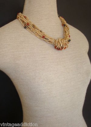 Vintage Art Deco Stone Agate Torsade  Chunky Necklace