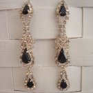 Vintage Black Glass White Rinestones Long  Earrings