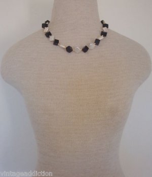 Unique Vintage Black Glass &  White Peearl Necklace