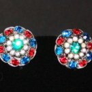 Vintage Vibrant Red Blue Green Rhinestone Clip Earrings