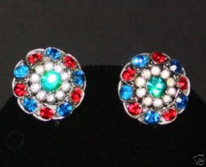 Vintage Vibrant Red Blue Green Rhinestone Clip Earrings