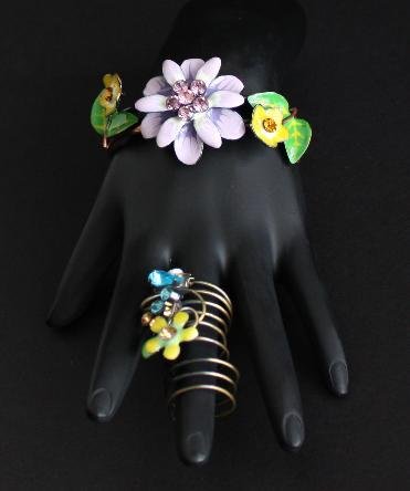 Vintage Green Purple Rhinestone Hinged Bracelet Ring