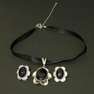 Sterling Silver Onyx Necklace Earrings Demi Parure Set