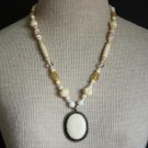 Vintage Carved Pendant Agate Stone Glass Bead Necklace