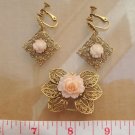 Vintage Celluloid Rose Earrings & Pin/ Brooch Set