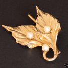 Vintage Golden Leaf White Pearl Pin/Brooch
