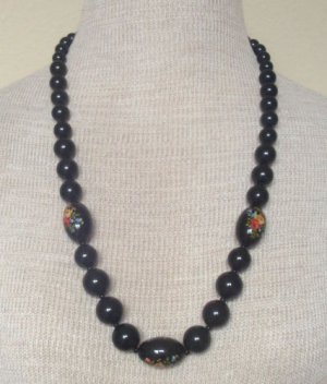 Vintage Black Flower Hand Painted Chunky Beads Necklace