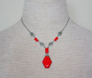 Vintage Antique Art Deco Red Glass Filigree Necklace