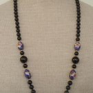 Vintage Black  Art Glass Hand Painted Bead Necklace