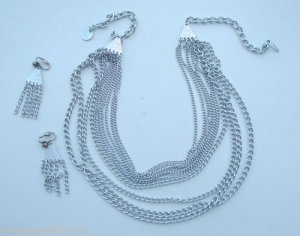 Vintage Silver Multichain Necklace Earrings Set
