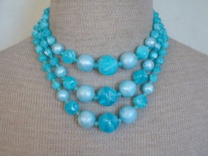Vibrant Vintage Blue Oversize Bead  3 Strands Necklace