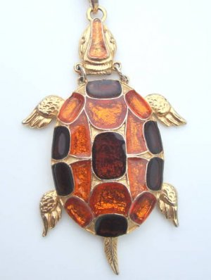 Vintage Chunky Turtle Glass Pendant Necklace Boho 70s