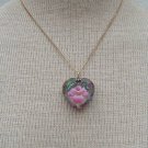 Vintage Pink Flower Glass Heart Pendant Necklace