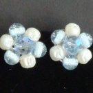 Vintage Blue Crystal Faux Pearl Lucite Clip On Earring