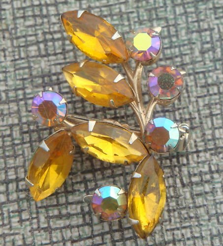 Vintage Yellow Navette & Aurora Borealis Rhinestone Pin