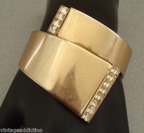 Unique Vintage Deco Rhinestone Hinged Clamper Bracelet