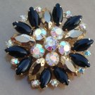 Vintag Black & Gold Navette AB Rhienstone Pin Brooch
