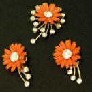 Vintage Celluloid Orange Flower  Earrings Brooch Set