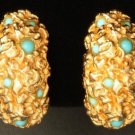Vintage Regal Gold Tone  Blue Bead Chunky Earrings