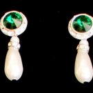 Vintage Green Glass Faux Pearl Pierced Dangle Earrings
