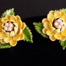 Vintage Yellow Flower Green Leaves Clip On Earrings