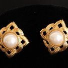 Vintage Gold Tone Faux Pearl Pierced Earrings
