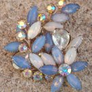 Vintage Blue Huge  Flower Rhinestone Navette Pin Brooch