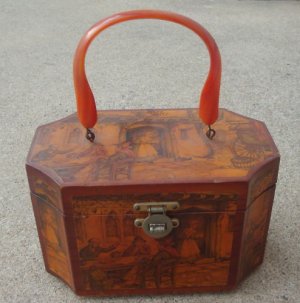 Vintage Octagonal Wooden Box W/Built In Mirror