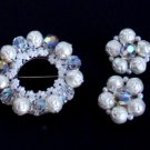 Vintage White Baroque Crystal Brooch Earrings Set