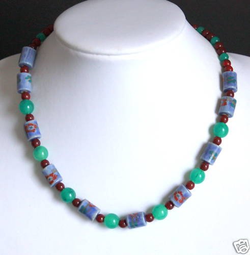 Vintage Blue Green Hand Painted Bead Necklace