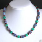 Vintage Blue Green Hand Painted Bead Necklace