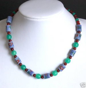 Vintage Blue Green Hand Painted Bead Necklace