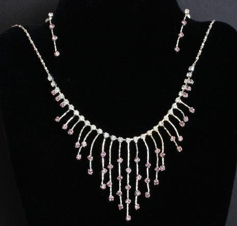 Purple Rhinestone Necklace Earrings Demi Set Dressy