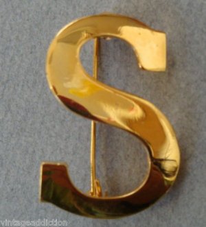 Vintage Anne Klein Gold  Initial S /Dollar Pin Brooch