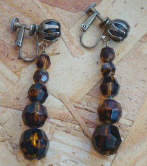 Vintage  Brown Amber Long Dangle Screw Back Earrings