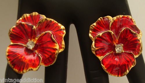 Vintage Deep Red Flower Rhinestone Earrings