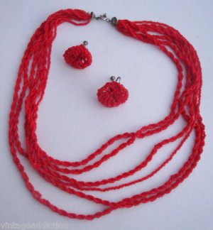 Vintage Sexy Red Multi Strand Necklace Earrings Set