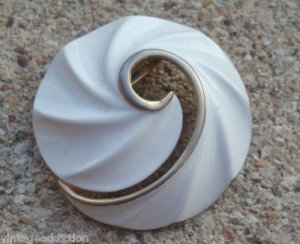 Vintage White Cream Enamel Pin Brooch Signed Torino