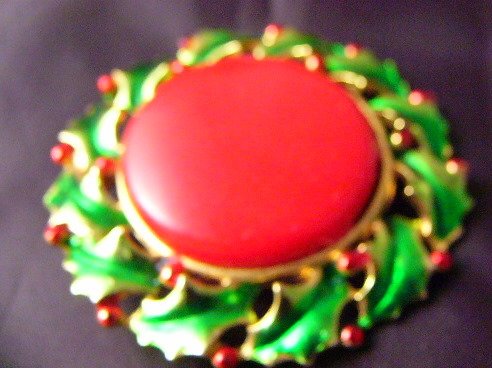 Christmas Pin Red Berries Iridescent Green Holly Round