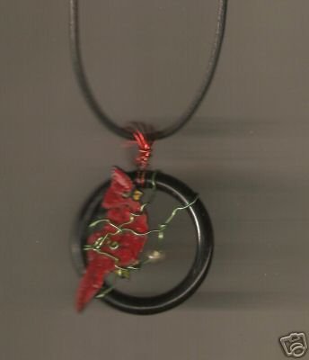 CARDINAL BIRD HANDPAINTED WIRE WRAPPED NECKLACE W/BEA